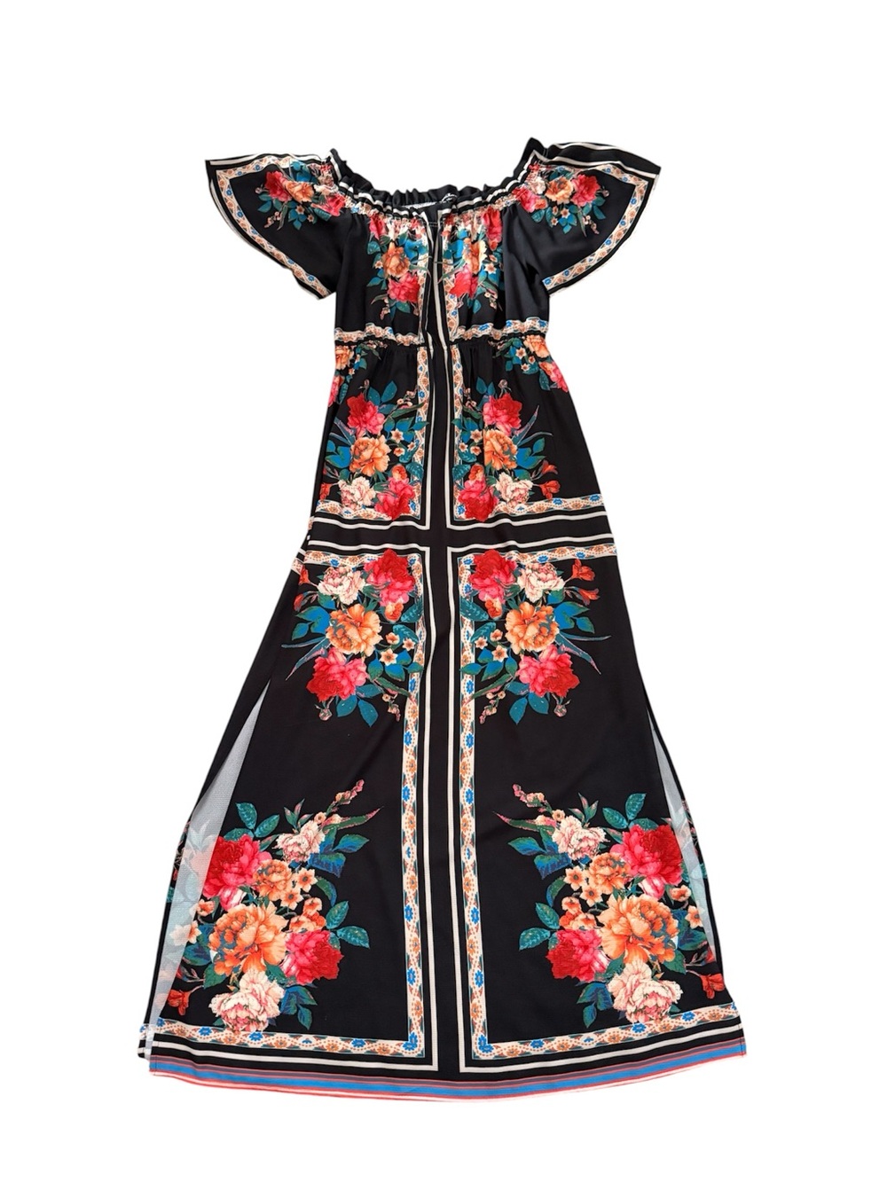 Lulus Women’s Off the Shoulder Black Floral Smocked Waist Dress Size Large